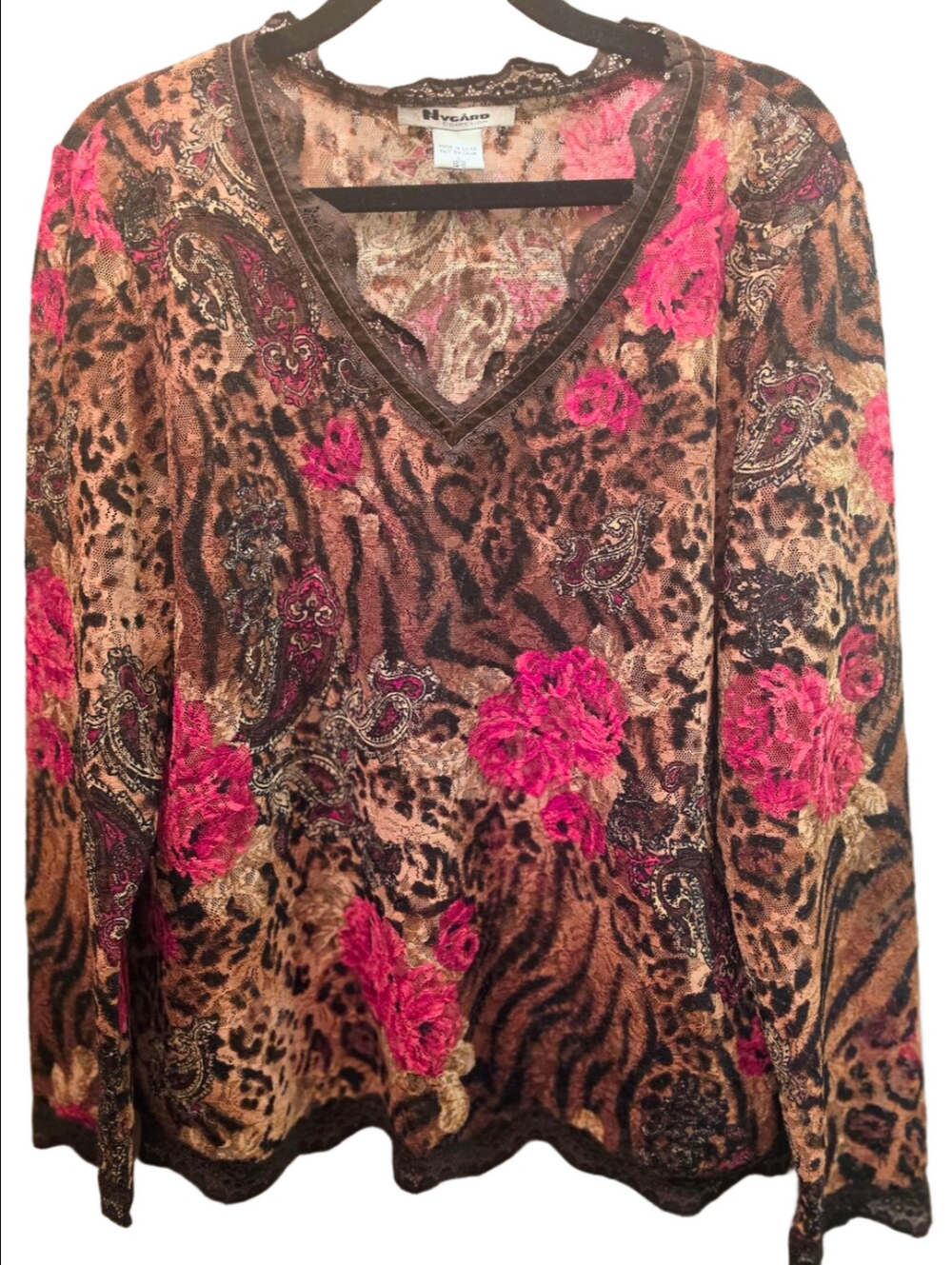 Y2K Nygard Leopard Rose Lace Mesh Top Mob Wife Plus L 14 16